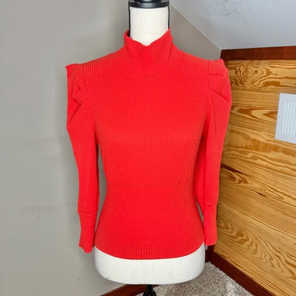 Free People Lala Cropped Puff Sleeve Mock Neck Ribbed Top Red Large L OB861565